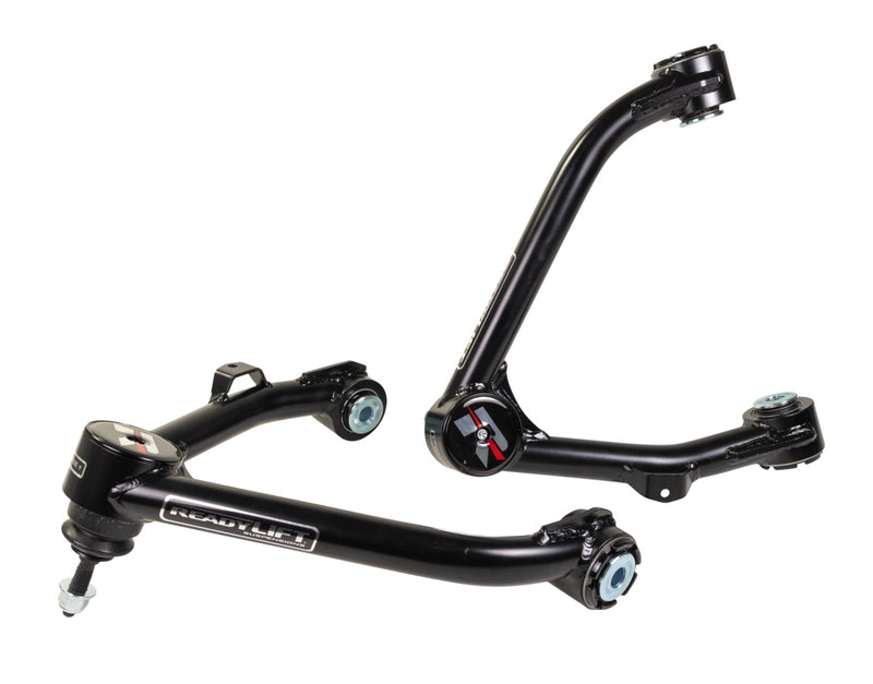 ReadyLIFT Leveling and Big Lift Upper Control Arms, full kit on a studio background: two black ReadyLIFT tubular upper control arms with red R caps on a white background