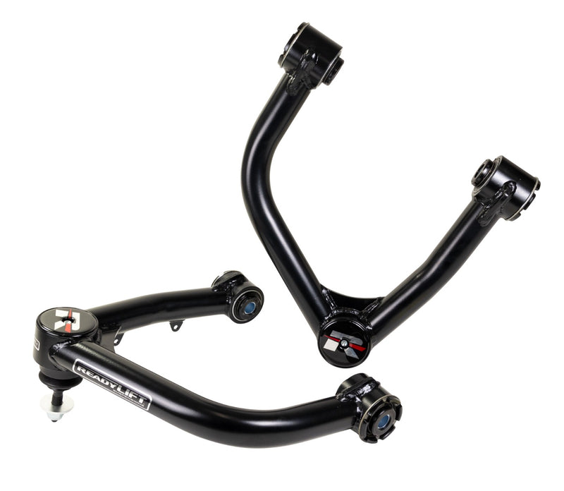 ReadyLIFT Leveling and Big Lift Upper Control Arms, full kit on a studio background: two black ReadyLIFT tubular upper control arms with red R caps on a white background