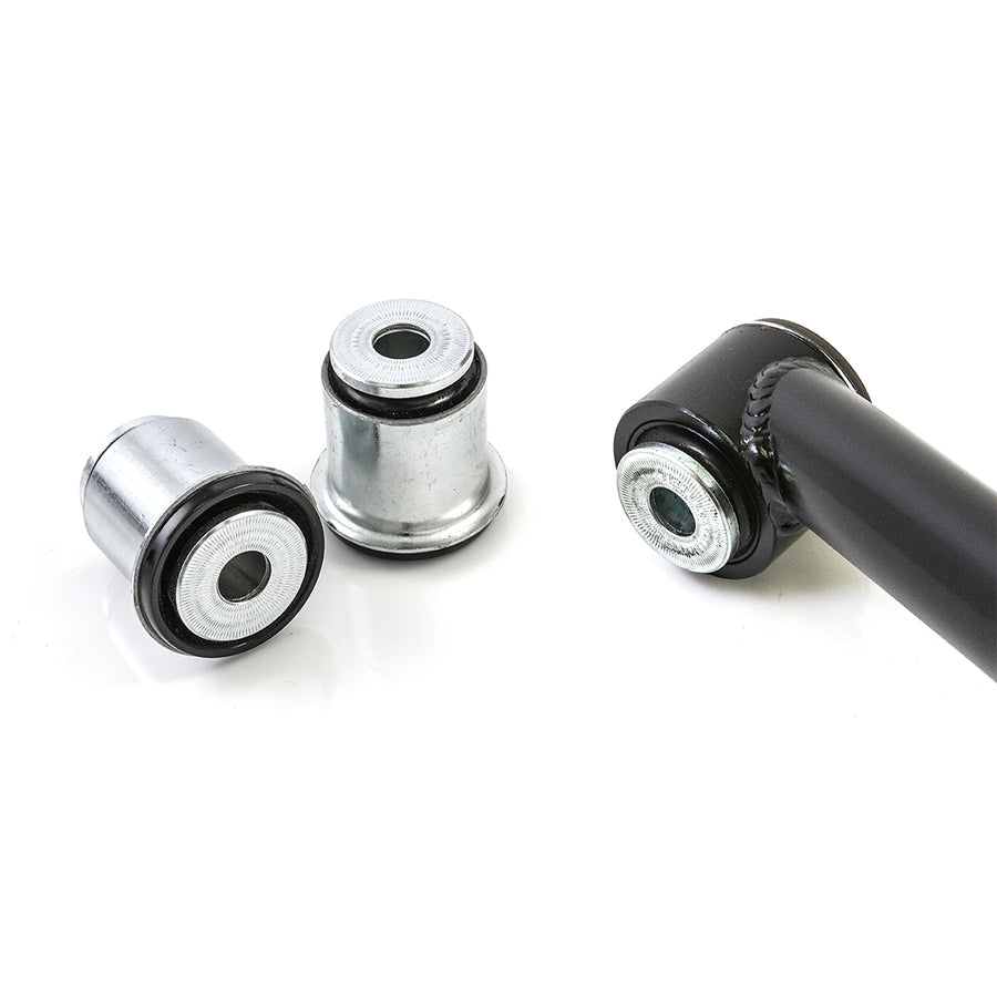 Close-up of the ReadyLIFT Leveling Kit: close-up of control arm bushings and a black tubular arm end on white