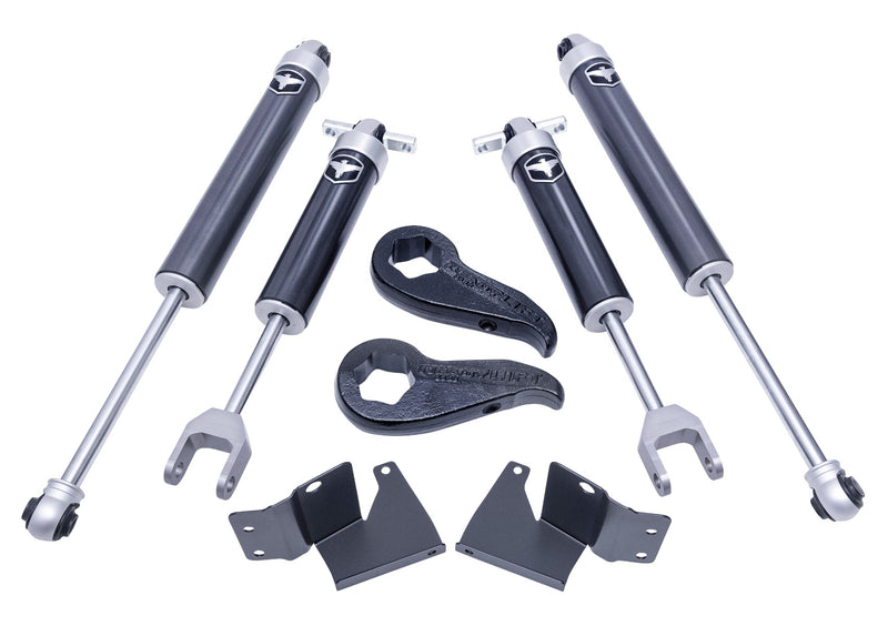 ReadyLIFT Leveling Kit, full kit on a studio background: four gray Falcon 2.1 shocks, two forged torsion keys and two brackets on white