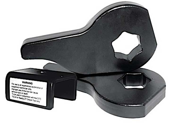 ReadyLIFT Leveling Kit, full kit on a studio background: pair of black forged torsion keys with a warning tag on white