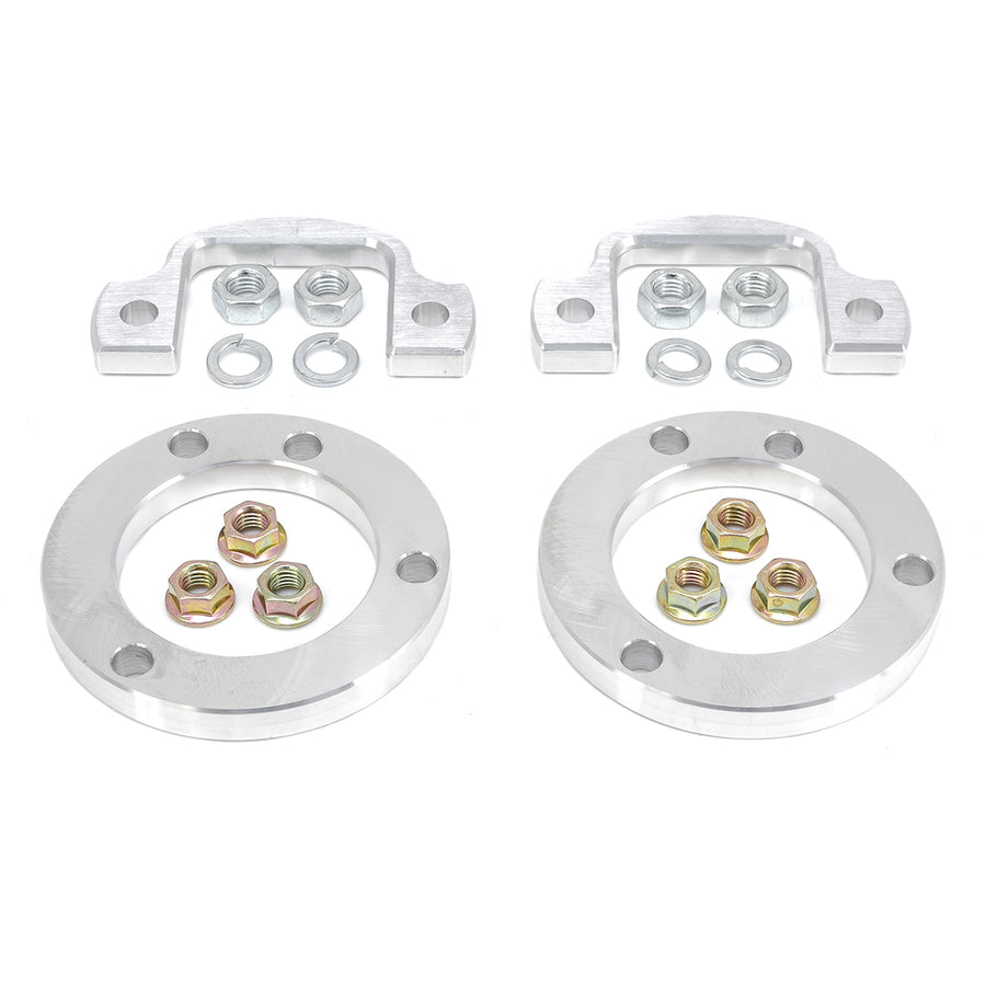 ReadyLIFT Leveling Kit, full kit on a studio background: two aluminum spacer rings with nuts and two aluminum brackets on white