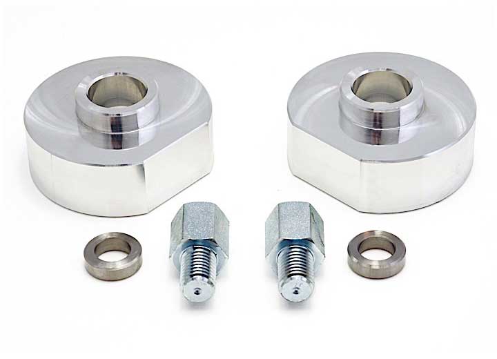 ReadyLIFT Leveling Kit, full kit on a studio background: two aluminum spacers with washers and two threaded extensions on white