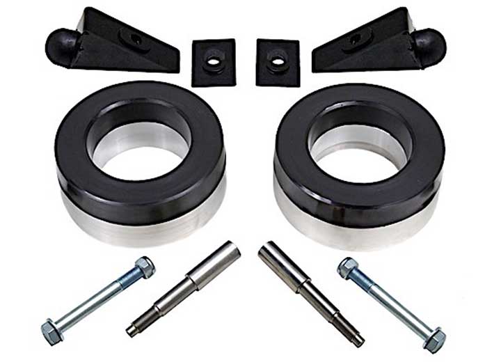 ReadyLIFT Leveling Kit, full kit on a studio background: two black and silver coil spacers with bump stop blocks, pins and bolts on white