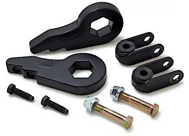 ReadyLIFT Leveling Kit, full kit on a studio background: two black forged torsion keys with shock extensions and bolts on white