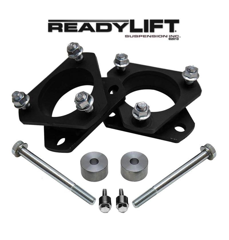 ReadyLIFT Leveling Kit, full kit on a studio background: two black strut spacers with bolts, diff drop spacers and bump stops under a ReadyLIFT logo on white