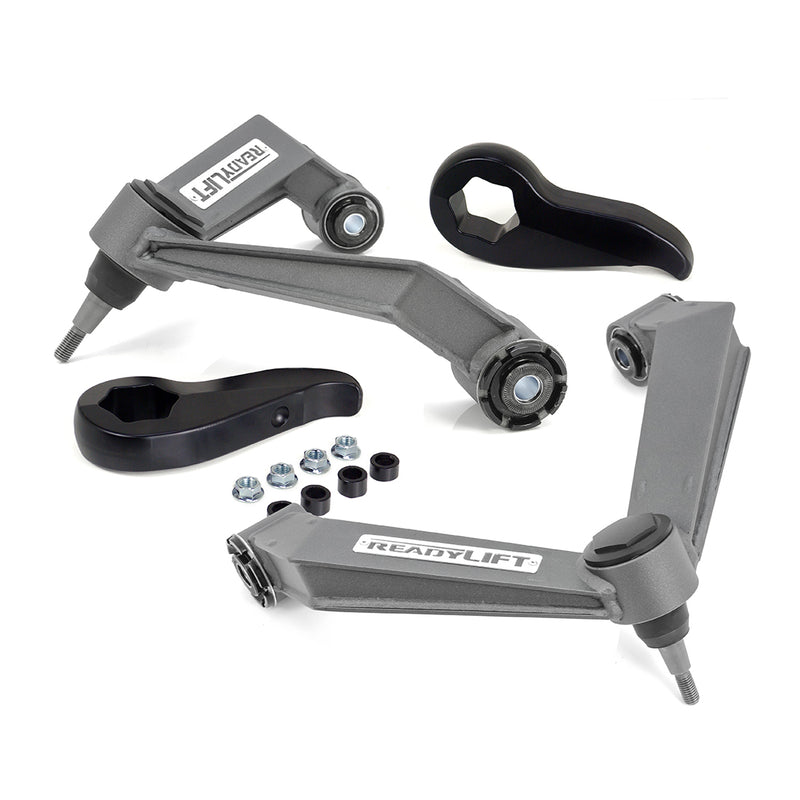 ReadyLIFT Leveling Kit, full kit on a studio background: two gray ReadyLIFT fabricated upper control arms with two black torsion keys and hardware on white