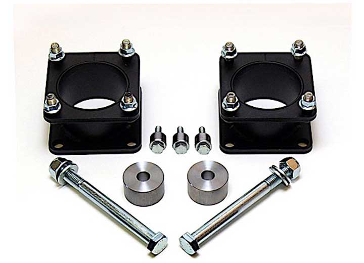 ReadyLIFT Leveling Kit, full kit on a studio background: two square black strut spacers with long bolts, diff drop spacers and bump stops on white