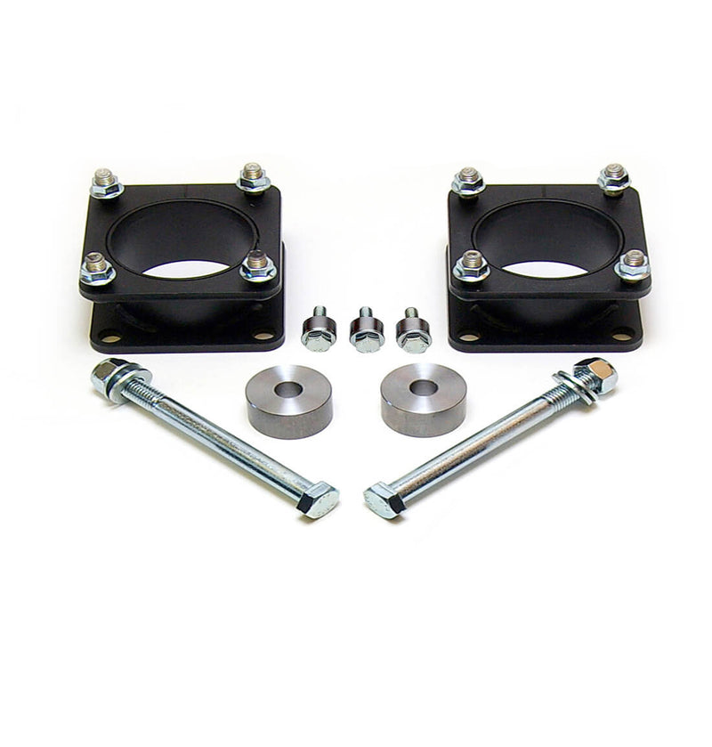 ReadyLIFT Leveling Kit, full kit on a studio background: two square black strut spacers with long bolts, diff drop spacers and bump stops on white