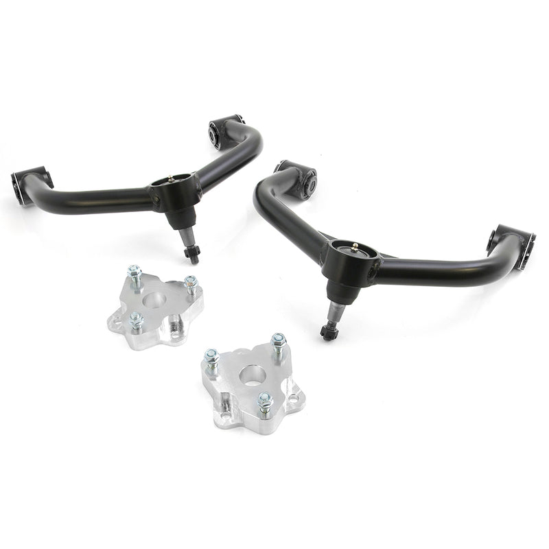 ReadyLIFT Leveling Kit, full kit on a studio background: two tubular upper control arms with aluminum strut spacers on white