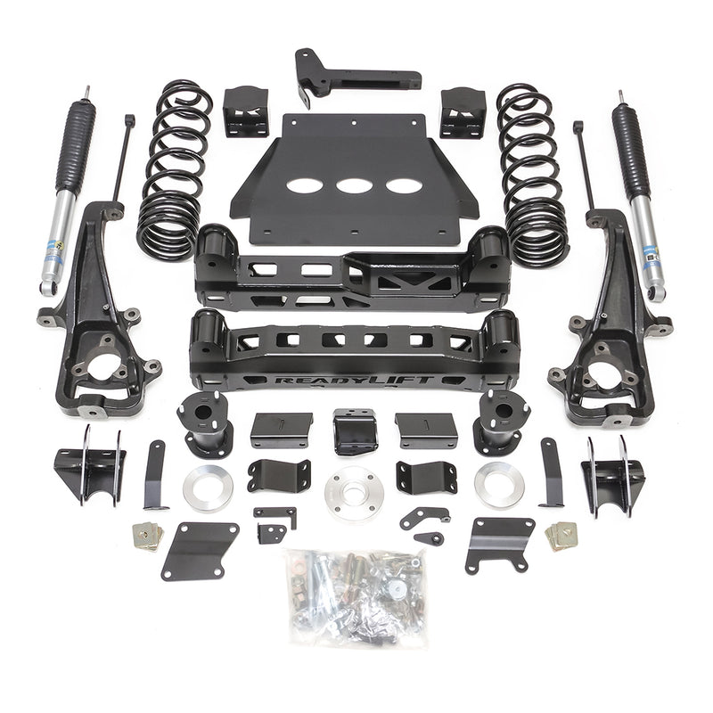ReadyLIFT Lift Kit, full kit on a studio background: complete ReadyLIFT 6" lift kit laid out with coil springs, shocks, knuckles, crossmembers, skid plate and hardware on white