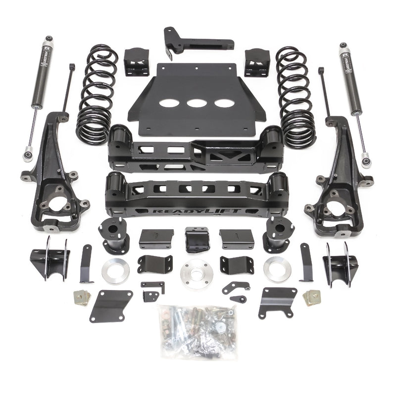 ReadyLIFT Lift Kit, full kit on a studio background: complete ReadyLIFT 6" lift kit laid out with coil springs, shocks, knuckles, crossmembers, skid plate and hardware on white