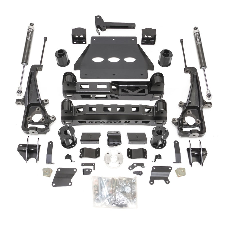 ReadyLIFT Lift Kit, full kit on a studio background: full ReadyLIFT 6" lift kit with Falcon shocks, knuckles, crossmembers, skid plate and hardware on white