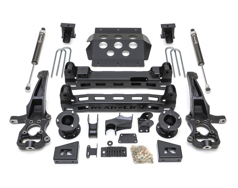 ReadyLIFT Lift Kit, full kit on a studio background: ReadyLIFT 6" GM 1500 kit with knuckles, crossmembers, skid plate, U-bolts, Falcon shocks and hardware on white