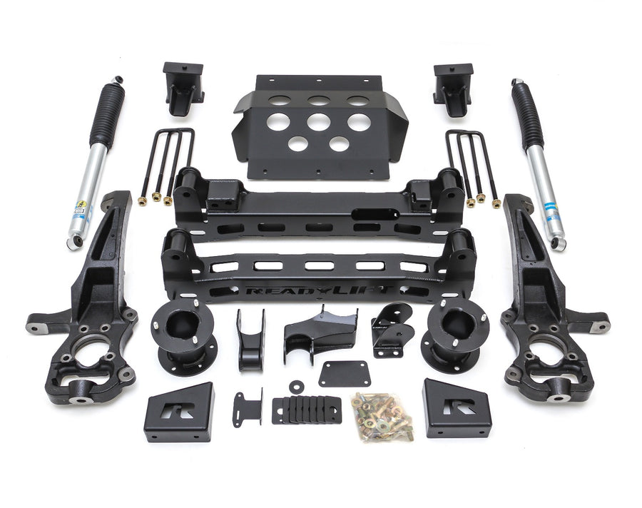 ReadyLIFT Lift Kit, full kit on a studio background: ReadyLIFT 6" GM 1500 kit with knuckles, crossmembers, skid plate, U-bolts, Falcon shocks and hardware on white