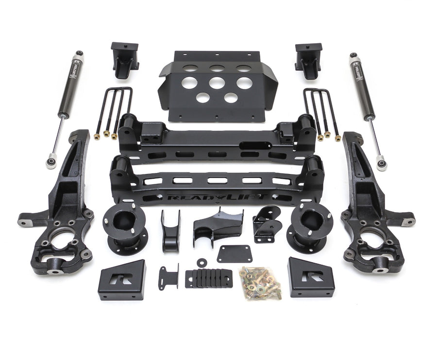 ReadyLIFT Lift Kit, full kit on a studio background: ReadyLIFT 6" GM 1500 kit with knuckles, crossmembers, skid plate, U-bolts, Falcon shocks and hardware on white