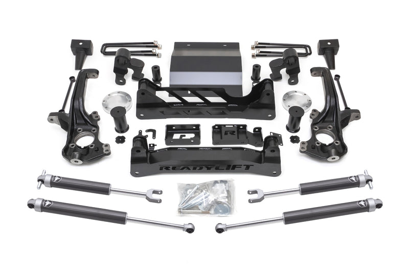 ReadyLIFT Lift Kit, full kit on a studio background: ReadyLIFT 6" GM HD lift kit with knuckles, crossmembers, skid plate, four Falcon shocks and hardware on white
