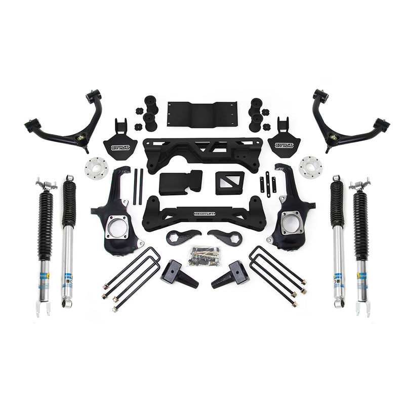 ReadyLIFT Lift Kit, full kit on a studio background: ReadyLIFT 7-8" GM HD kit with upper control arms, knuckles, crossmembers, Bilstein shocks, blocks and U-bolts on white