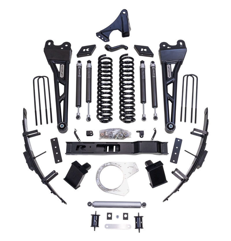 ReadyLIFT Lift Kit, full kit on a studio background: ReadyLIFT 8.5" Super Duty kit with radius arms, coil and leaf springs, crossmember, Falcon shocks and brackets on white
