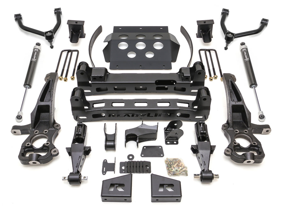 ReadyLIFT Lift Kit, full kit on a studio background: ReadyLIFT 8" GM 1500 kit with upper arms, knuckles, crossmembers, skid plate, Falcon shocks and hardware on white