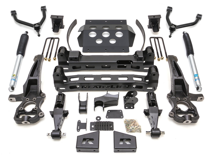 ReadyLIFT Lift Kit, full kit on a studio background: ReadyLIFT 8" GM 1500 kit with upper arms, knuckles, crossmembers, skid plate, Falcon shocks and hardware on white