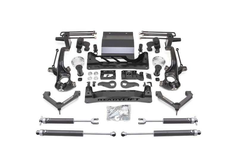 ReadyLIFT Lift Kit, full kit on a studio background: ReadyLIFT 8" GM HD kit with upper arms, knuckles, crossmembers, skid plate, Falcon shocks and hardware on white