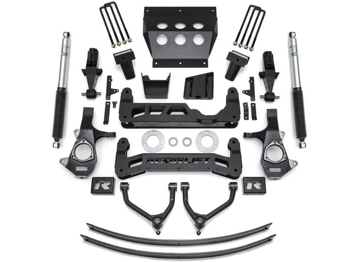 ReadyLIFT Lift Kit, full kit on a studio background: ReadyLIFT 9" GM 1500 kit with upper arms, knuckles, crossmembers, skid plate, add-a-leafs, blocks and Bilstein shocks on white