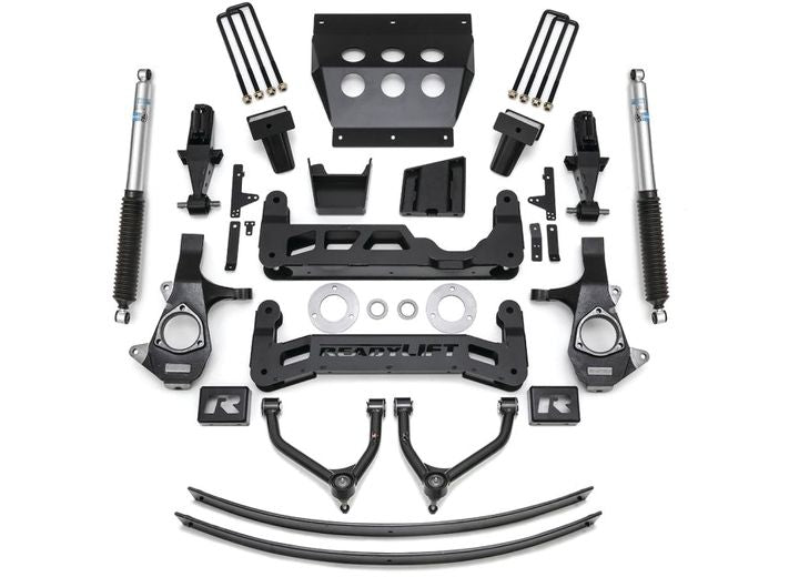 ReadyLIFT Lift Kit, full kit on a studio background: ReadyLIFT 9" GM 1500 kit with upper arms, knuckles, crossmembers, skid plate, add-a-leaf springs and Bilstein shocks on white
