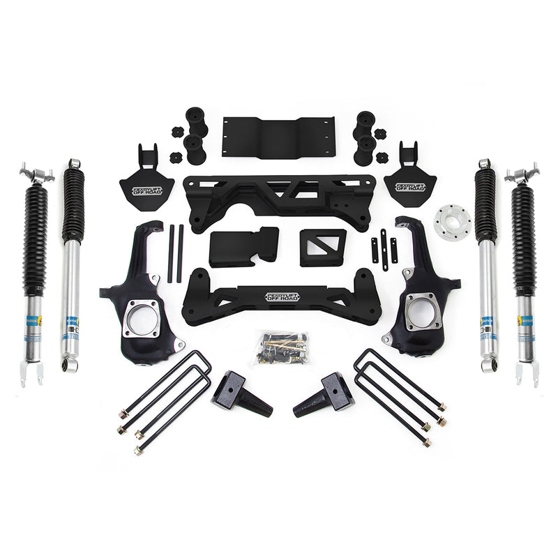 ReadyLIFT Lift Kit, full kit on a studio background: ReadyLIFT GM HD lift kit laid out with knuckles, crossmembers, Bilstein shocks, blocks and U-bolts on white