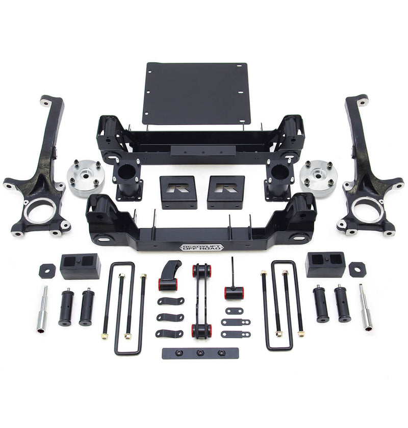 ReadyLIFT Lift Kit, full kit on a studio background: ReadyLIFT Tundra kit with knuckles, crossmembers, skid plate, spacers, blocks, U-bolts and hardware on white