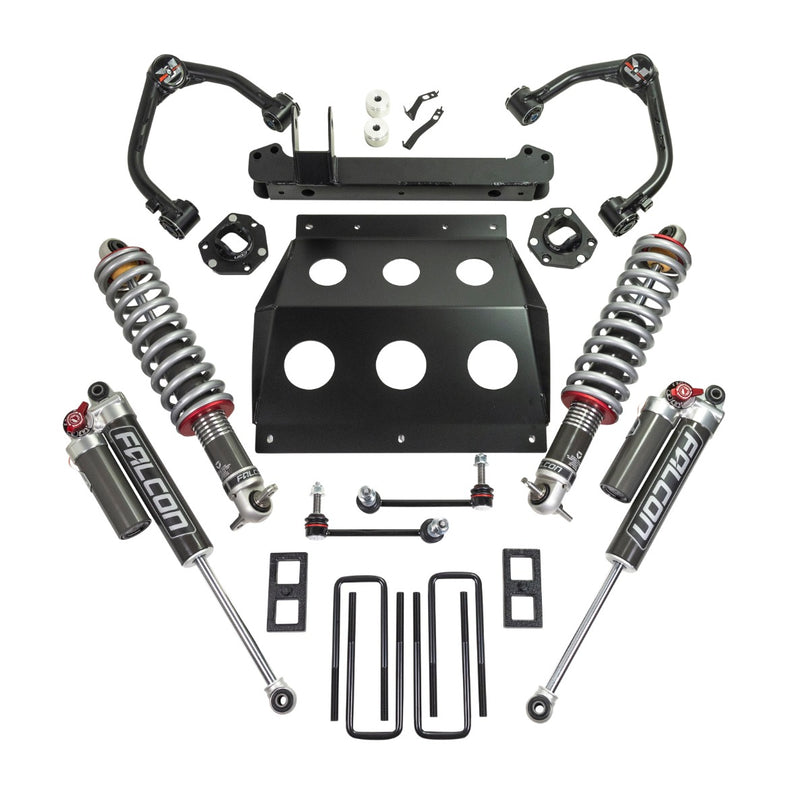 ReadyLIFT Lift Kit, full kit on a studio background: two upper control arms, a skid plate, crossmember, two Falcon coilovers, two rear shocks, blocks and U-bolts on white