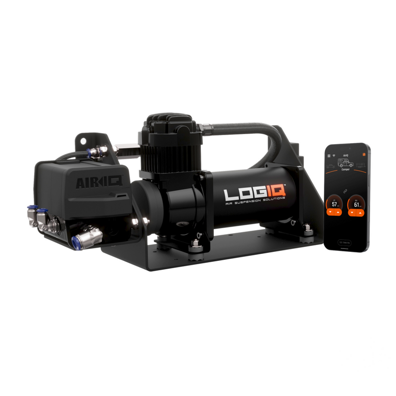 ReadyLIFT LOGIQ AirIQ HD2 Air Management Package (2-Channel, HD Compressor), full kit on a studio background: AirIQ manifold with a larger LOGIQ HD compressor on a black bracket and a phone showing the app, on white