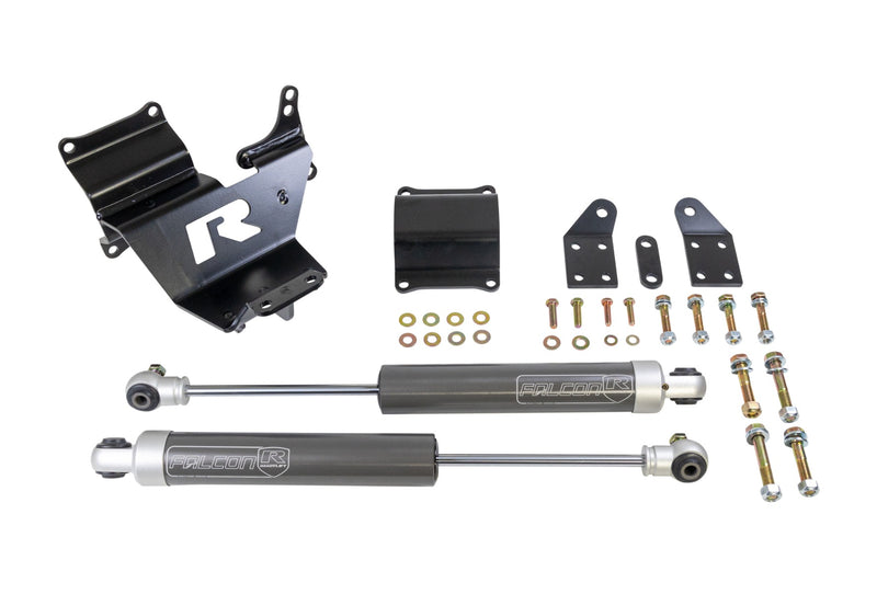 ReadyLIFT Lug Dual Steering Stabilizer Kit, full kit on a studio background: A black ReadyLIFT R bracket, two Falcon steering stabilizers, brackets and hardware on white