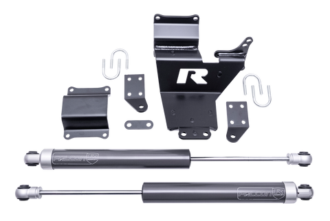 ReadyLIFT Lug Dual Steering Stabilizer Kit, full kit on a studio background: A black ReadyLIFT R bracket, two Falcon steering stabilizers, U-bolts and brackets on a black background