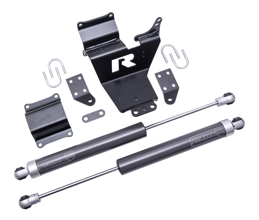 ReadyLIFT Lug Dual Steering Stabilizer Kit, full kit on a studio background: A black ReadyLIFT R bracket, two Falcon steering stabilizers, U-bolts and brackets on a black background