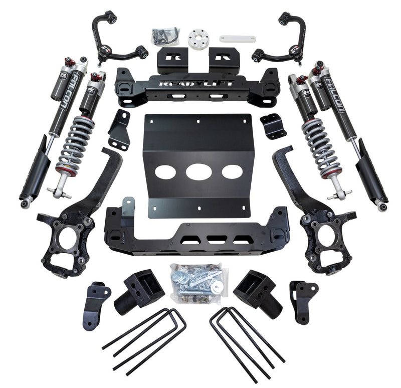 ReadyLIFT MAX3.3 Suspension System, full kit on a studio background: ReadyLIFT F-150 kit with Falcon 3.3 coilovers, reservoir shocks, upper arms, knuckles, crossmembers, skid plate and U-bolts on white