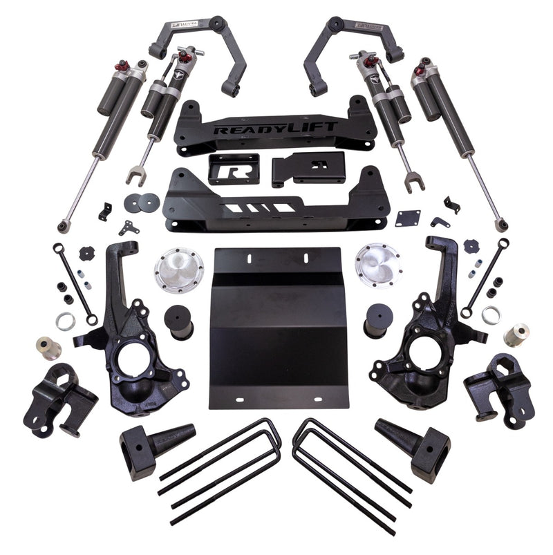 ReadyLIFT MAX3.3 Suspension System, full kit on a studio background: ReadyLIFT GM HD kit with fabricated upper arms, Falcon 3.3 shocks, knuckles, crossmembers, skid plate and U-bolts on white