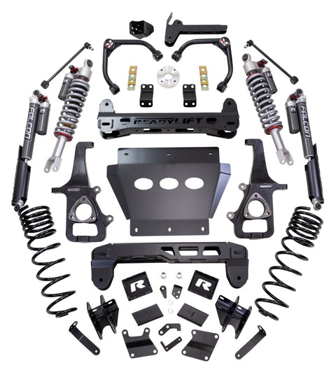ReadyLIFT MAX3.3 Suspension System, full kit on a studio background: ReadyLIFT Ram 1500 kit with Falcon 3.3 coilovers, reservoir shocks, upper arms, knuckles, crossmembers, skid plate and coils on white