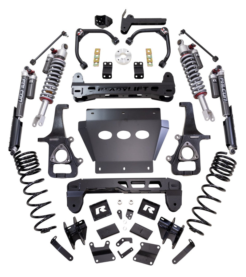 ReadyLIFT MAX3.3 Suspension System, full kit on a studio background: ReadyLIFT Ram 1500 kit with Falcon 3.3 coilovers, reservoir shocks, upper arms, knuckles, crossmembers, skid plate and coils on white