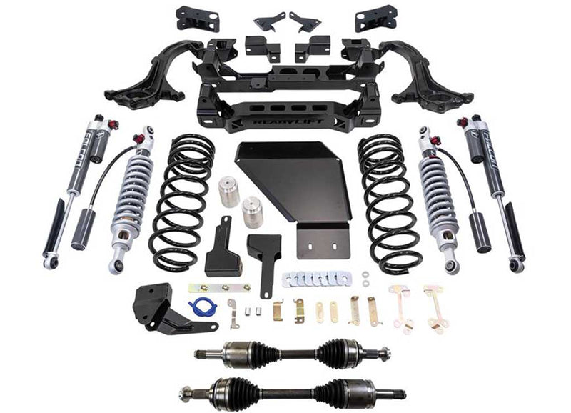 ReadyLIFT MAX3.3 Suspension System, full kit on a studio background: ReadyLIFT Tundra kit with Falcon coilovers, rear coils, reservoir shocks, crossmember, skid plate, hardware and two CV axles on white