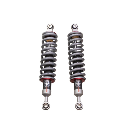 ReadyLIFT Premium Falcon 2.1 Standalone Front Pair, full kit on a studio background: pair of compact Falcon 2.1 coilovers with gray springs and red collars on white