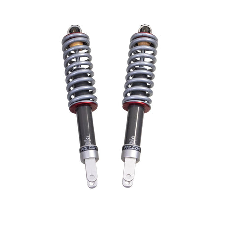 ReadyLIFT Premium Falcon 2.1 Standalone Front Pair, full kit on a studio background: pair of Falcon 2.1 coilovers with gray springs and red collars on white
