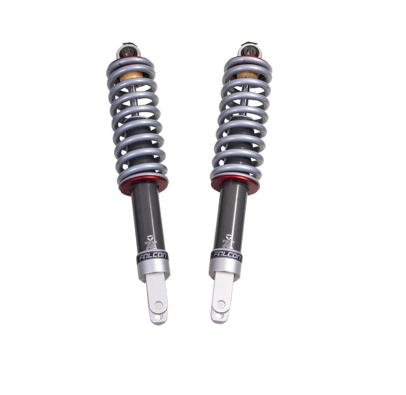ReadyLIFT Premium Falcon 2.1 Standalone Front Pair, full kit on a studio background: pair of Falcon 2.1 coilovers with gray springs and red collars on white