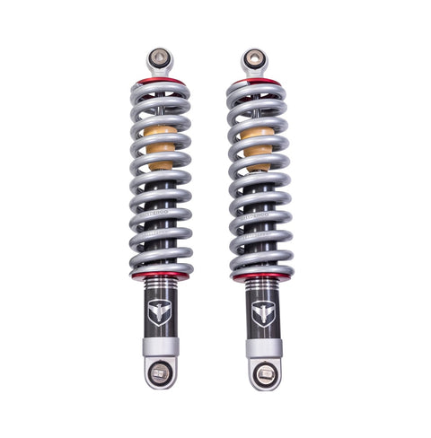 ReadyLIFT Premium Falcon 2.1 Standalone Front Pair, full kit on a studio background: pair of Falcon 2.1 coilovers with silver springs (Hyperco marked) and red collars on white