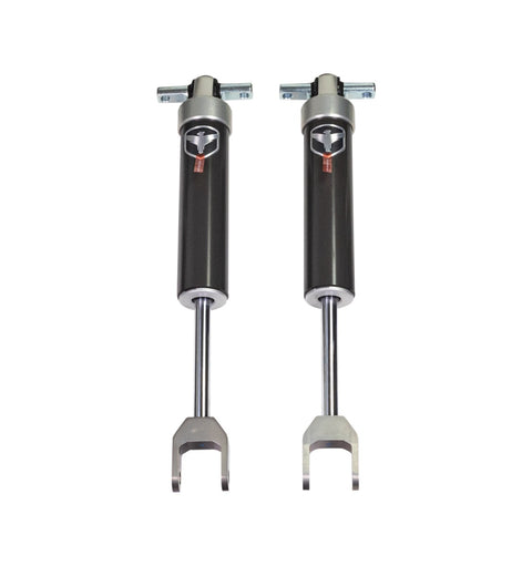 Close-up of the ReadyLIFT Premium Falcon 2.1 Standalone Front Pair: two black Falcon shocks with clevis lower mounts standing upright on white
