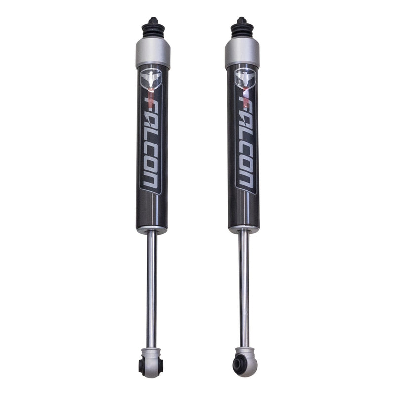 ReadyLIFT Premium Falcon 2.1 Standalone Front Pair, full kit on a studio background: two gray Falcon 2.1 monotube shocks with boots and eyelet mounts on white