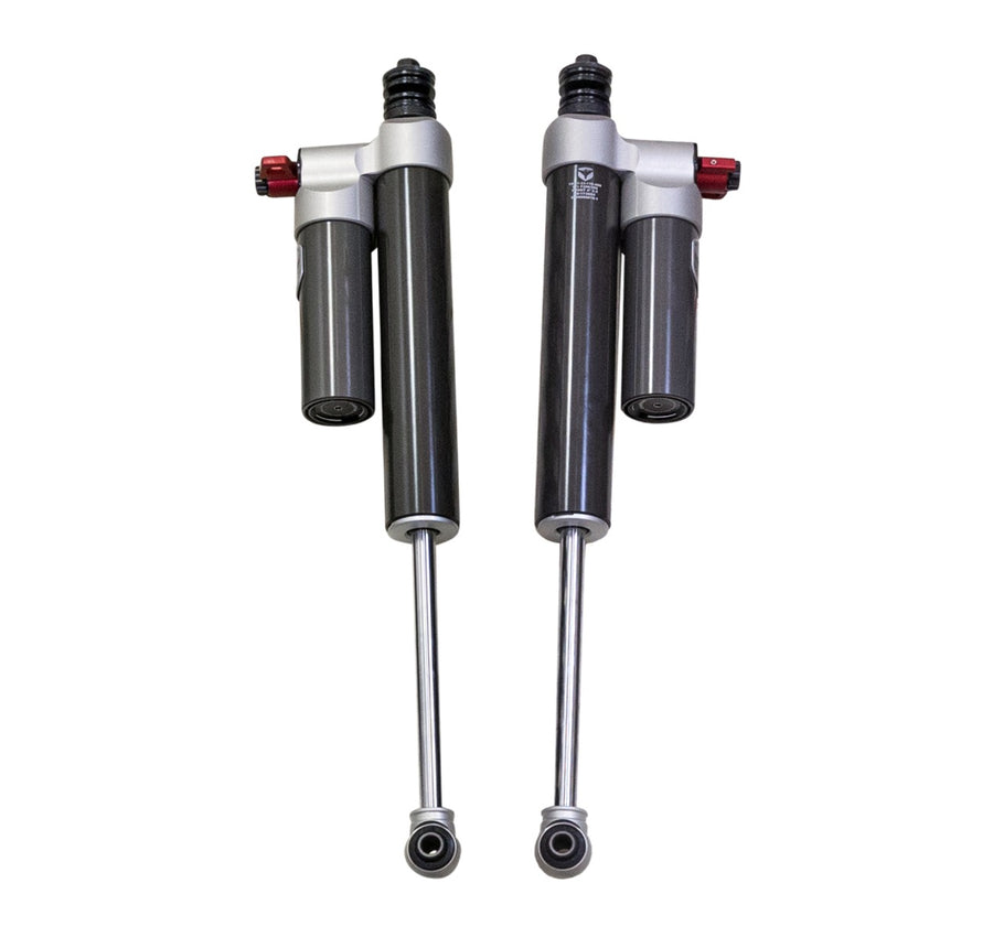 ReadyLIFT Premium Falcon 3.3 Standalone Front Kit, full kit on a studio background: two Falcon 3.3 shocks with piggyback reservoirs and red adjuster knobs on white