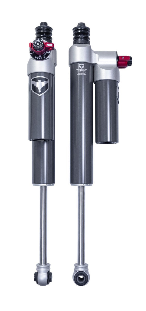 ReadyLIFT Premium Falcon 3.3 Standalone Front Pair, full kit on a studio background: two Falcon 3.3 shocks with piggyback reservoirs and red adjuster knobs on white