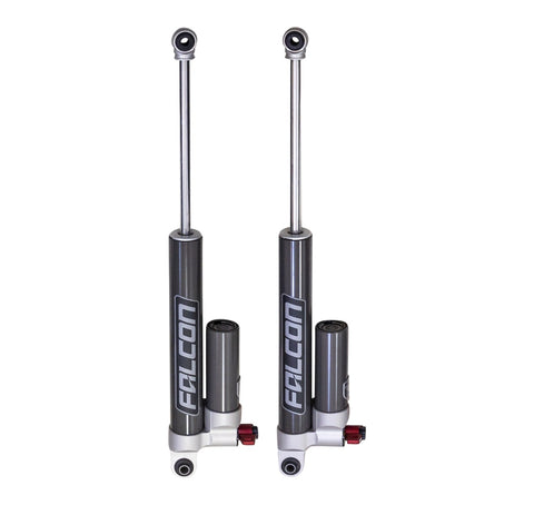 ReadyLIFT Premium Falcon 3.3 Standalone Rear Pair, full kit on a studio background: two long Falcon 3.3 shocks with reservoirs near the base and red adjusters on white
