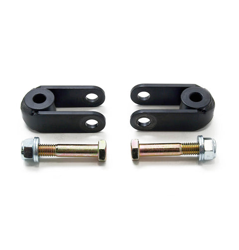 ReadyLIFT Rear Shock Extensions, full kit on a studio background: two black rear shock extension brackets with two bolts on white